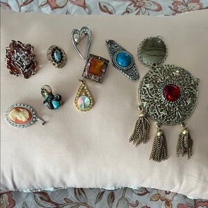 Vintage Brooch Set with Red, Blue, and Gold Accents